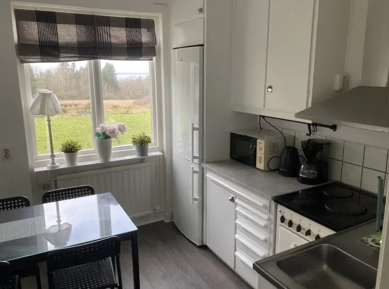 Kök med kylskåp, spis, mikrovågsugn, kaffebryggare och matbord vid fönstret